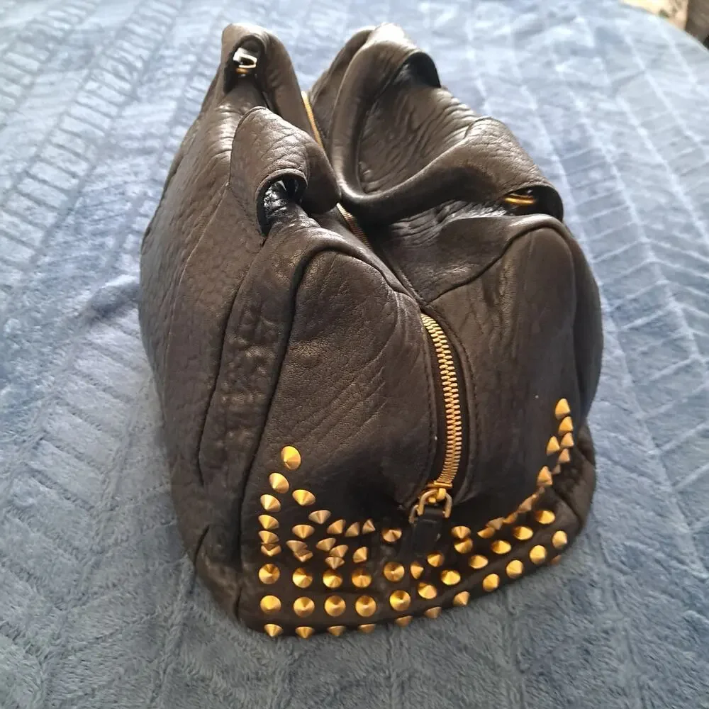 MCM Keana Boston Studded 2-Way Satchel Handbag Shoulder Bag Black Leather